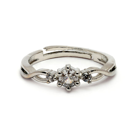 Elegant Rhodium Plated Silver Toned White American Diamond Studded Adjustable Ring