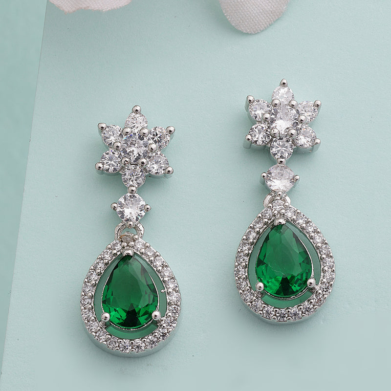 Rhodium Plated Silver Toned Green American Diamond Small Drop Earrings