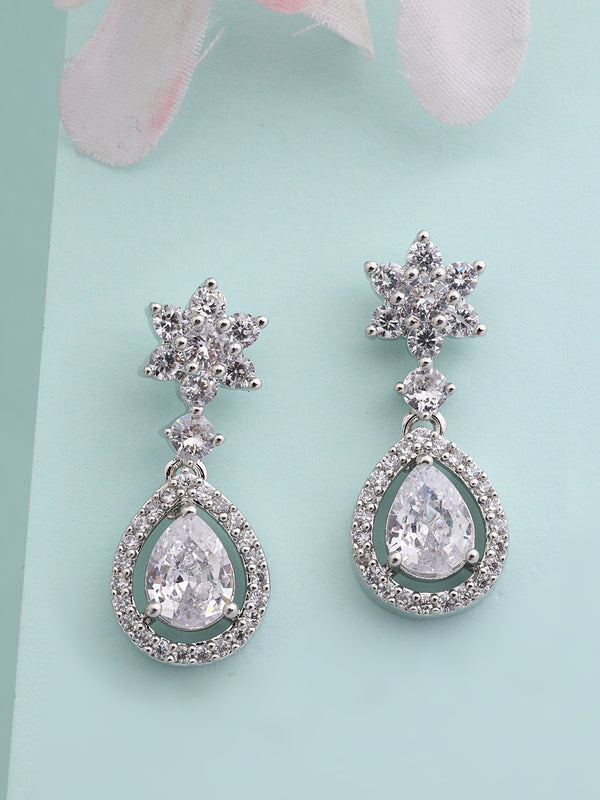 Rhodium Plated Silver Toned with White American Diamond Drop Earrings