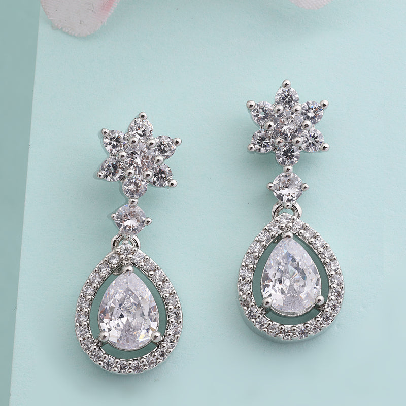 Rhodium Plated Silver Toned White American Diamond Drop Earrings