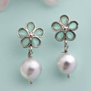 Rhodium Plated Silver Toned American Diamond With Pearl Stud Earrings