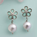 Rhodium Plated Flower Sea Green American Diamond Office Wear Drop Earrings