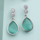 Rhodium Plated Teardrop Sea Green AD Contemporary Drop Earrings