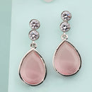 Rhodium Plated Silver Tone with Pink American Diamond Small Drop Earrings