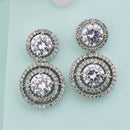 Rhodium Plated Round Halo White American Diamond Contemporary Drop Earrings