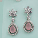 Rhodium Plated Silver Toned Pink American Diamond Small Drop Earrings
