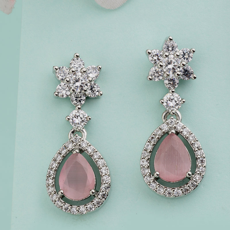 Rhodium Plated Silver Toned Pink American Diamond Small Drop Earrings