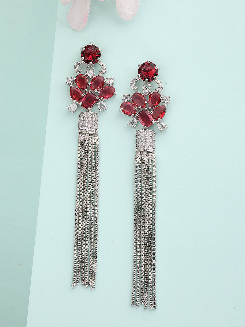 Rhodium Plated Silver Toned with Red American Diamond Dangler Earrings