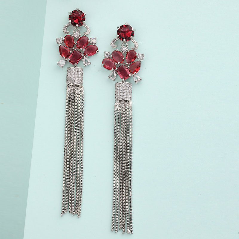 Rhodium Plated Silver Toned with Red American Diamond Dangler Earrings