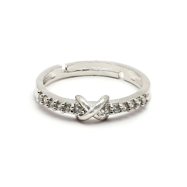 Rhodium Plated Silver Toned Infinity White Cubic Zirconia Studded Adjustable Ring