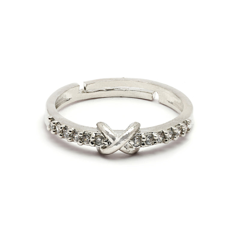 Rhodium Plated Silver Toned Infinity White Cubic Zirconia Studded Adjustable Ring