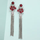 Rhodium Plated Chain Fringe Red American Diamond Contemporary Long Drop Earrings