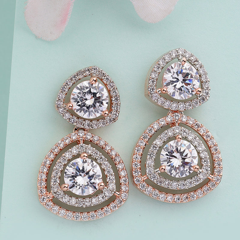 Rose Gold Plated Round American Diamond Studded Drop Earrings