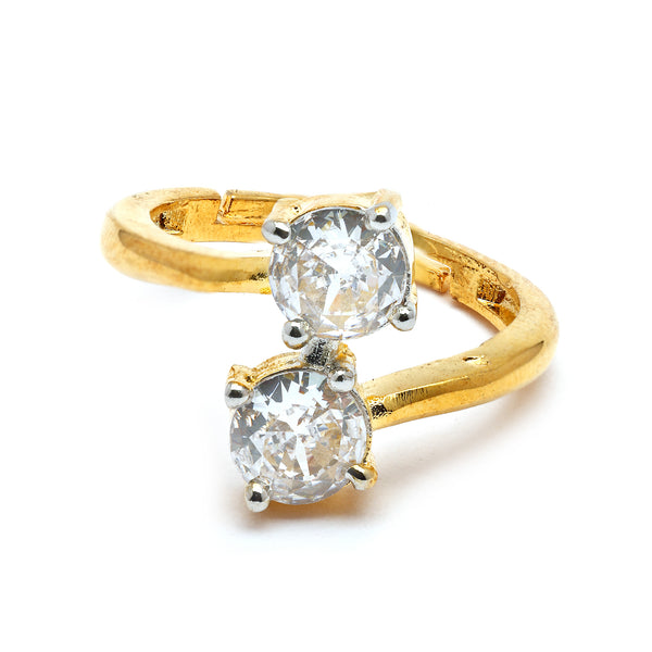 Gold Plated Dual White American Diamond Studded Adjustable Ring