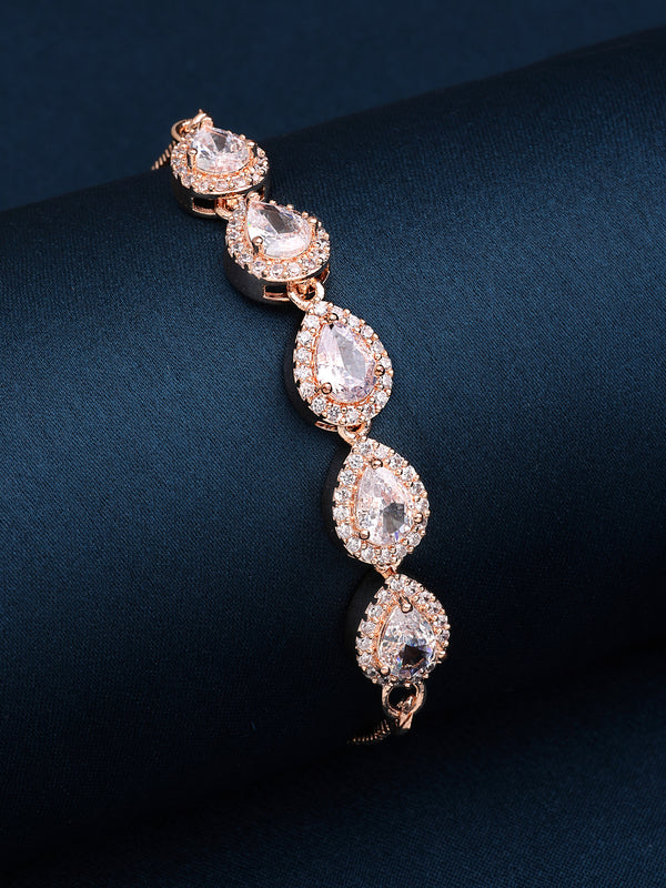 Rose Gold Plated with White American Diamond Studded in Teardrop Design Wraparound Bracelet