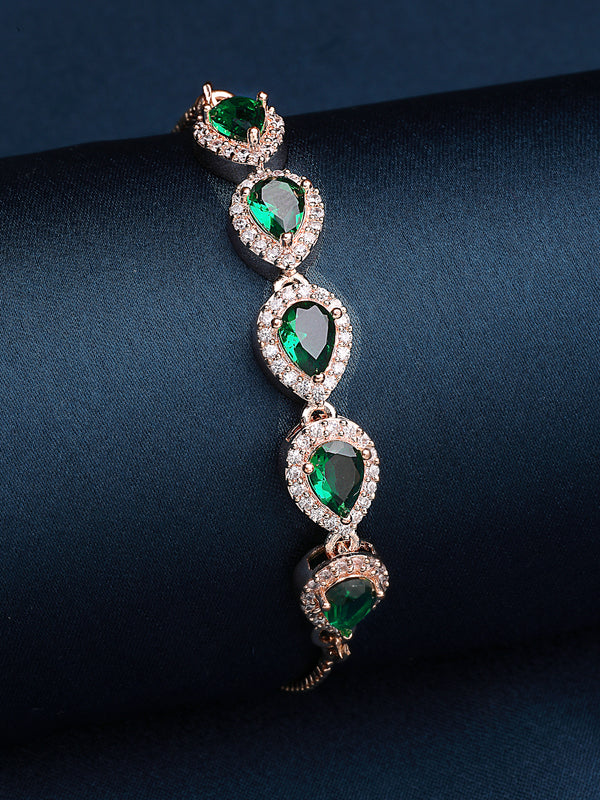 Rose Gold Plated with Green American Diamond Studded in Teardrop Design Wraparound Bracelet