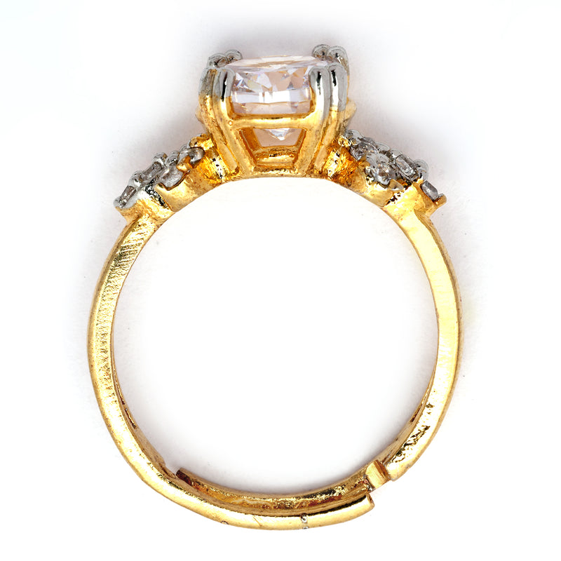 Gold Plated Stylish Sleek White American Diamond Studded Adjustable Ring