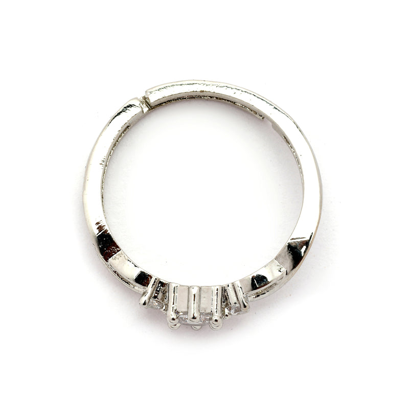Elegant Rhodium Plated Silver Toned White American Diamond Studded Adjustable Ring
