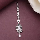 Rhodium Plated Silver Toned White American Diamond  Floral Teardrop Maang Tikka with Elegant Dangling Stones