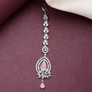 Rhodium Plated Silver Toned Pink American Diamond  Floral Teardrop Maang Tikka with Elegant Dangling Stones