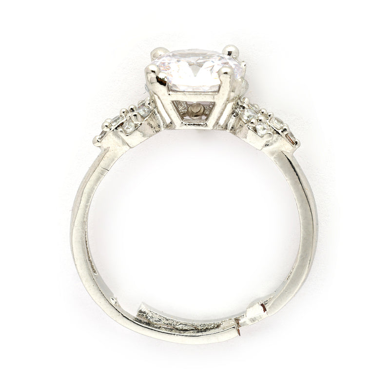 Rhodium Plated Silver Toned Stylish Sleek White American Diamond Studded Adjustable Ring