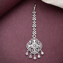 Rhodium Plated Silver Toned Floral White American Diamond Studded Maang Tikka with Elegant Dangling Stones