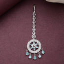 Rhodium Plated Silver Toned Mint Green American Diamond  Maang Tikka  with Elegant Dangling Stones
