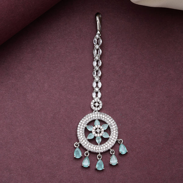 Rhodium Plated Silver Toned Mint Green American Diamond  Maang Tikka  with Elegant Dangling Stones
