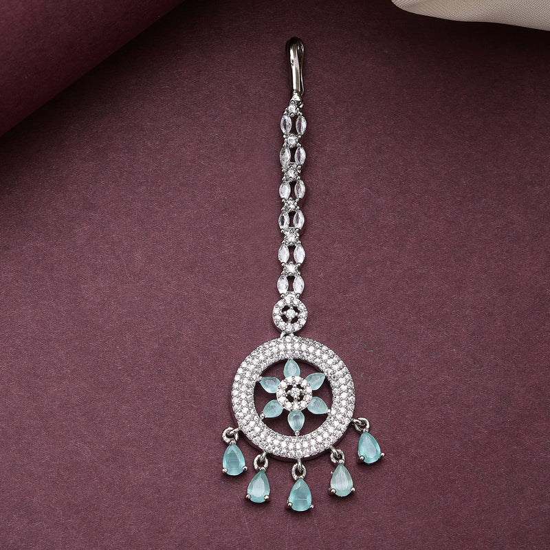 Rhodium Plated Silver Toned Mint Green American Diamond  Maang Tikka  with Elegant Dangling Stones
