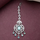 Rhodium Plated Silver Toned Mint Green American Diamond Pear Maang Tikka  with Elegant Dangling Stones