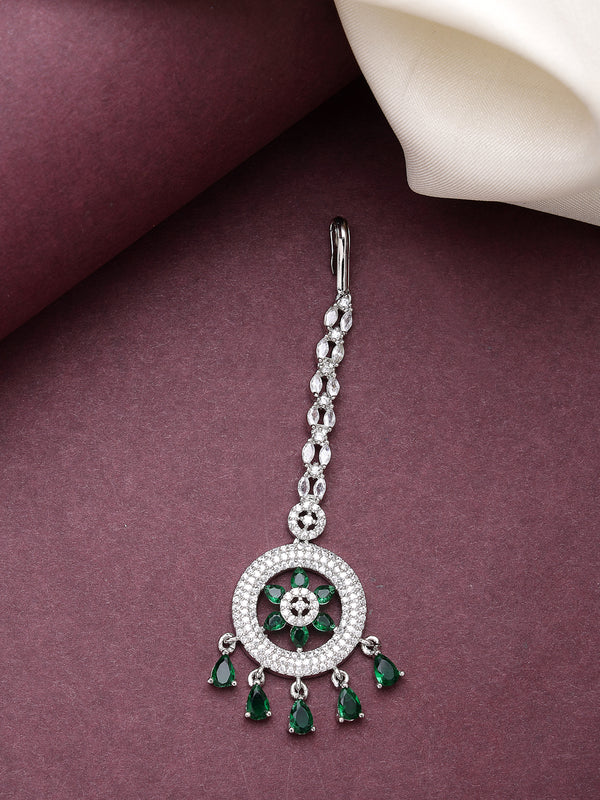 Rhodium Plated Silver Toned Green American Diamond Studded Maang Tikka with Elegant Dangling Stones