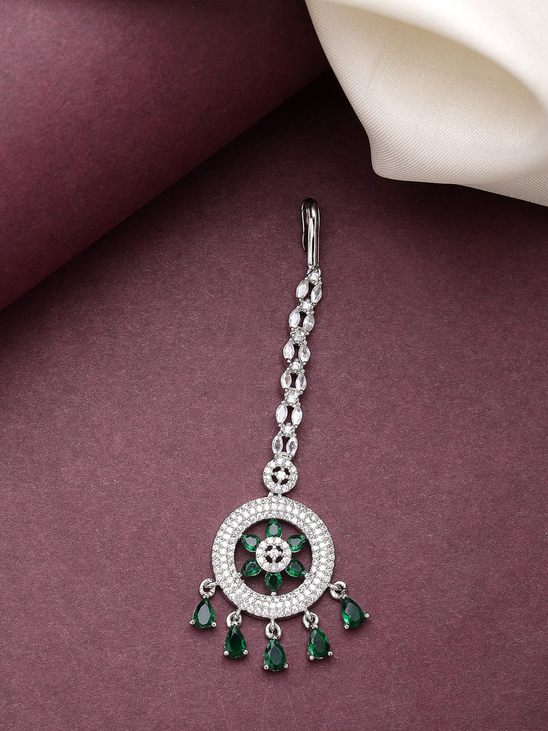 Rhodium Plated Silver Toned Green American Diamond Studded Maang Tikka with Elegant Dangling Stones
