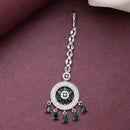 Rhodium Plated Silver Toned Green American Diamond Studded Maang Tikka with Elegant Dangling Stones