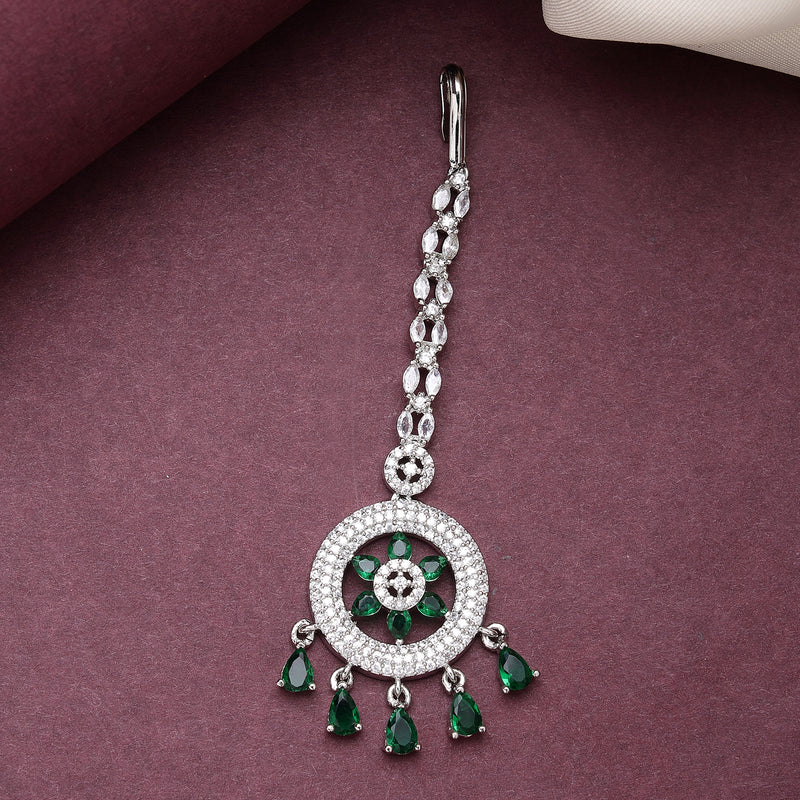 Rhodium Plated Silver Toned Green American Diamond Studded Maang Tikka with Elegant Dangling Stones