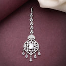 Rhodium Plated Silver Toned White American Diamond Studded Pear  Maang Tikka with Elegant Dangling Stones