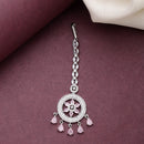 Rhodium Plated Silver Toned Pink American Diamond  Maang Tikka with Elegant Dangling Stones