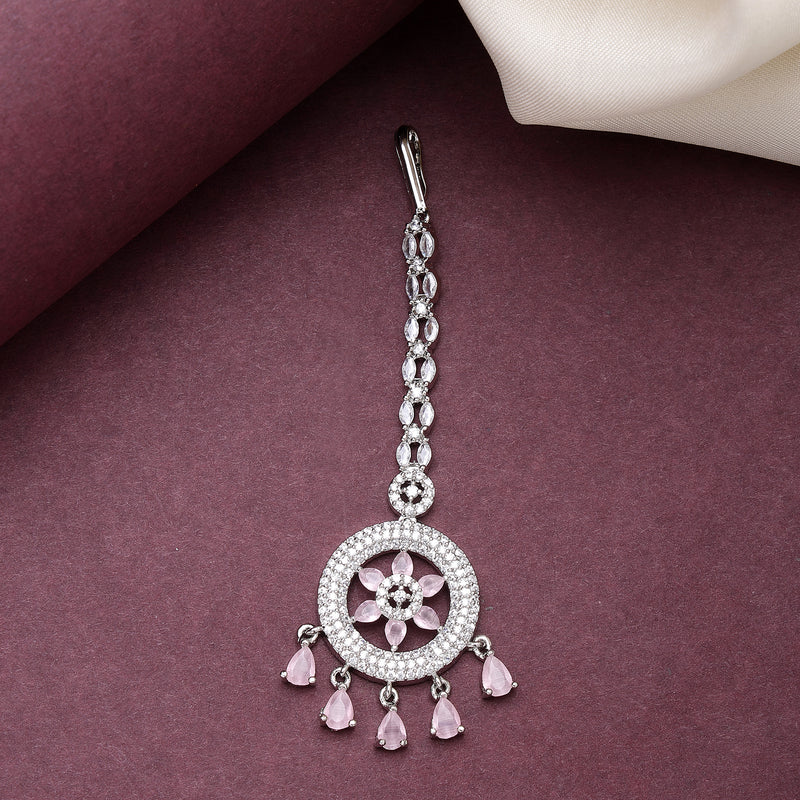 Rhodium Plated Silver Toned Pink American Diamond  Maang Tikka with Elegant Dangling Stones
