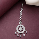 Rhodium Plated Silver Toned White American Diamond  Maang Tikka with Elegant Dangling Stones