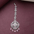 Rhodium Plated Silver Toned Floral Pastel Pink American Diamond Studded Maang Tikka with Elegant Dangling Stones