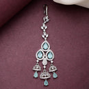 Rhodium Plated Silver Toned Mint Green & White American Diamond Bridal Maang Tikka With Dangling Teardrop Stones