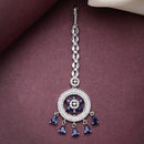 Rhodium Plated Silver Toned Blue American Diamond  Maang Tikka for Women with Elegant Dangling Stones