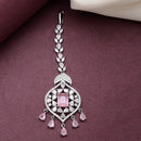Rhodium Plated Silver Toned Pink  American Diamond  Pear Maang Tikka  with Elegant Dangling Stones