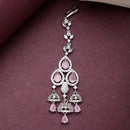 Rhodium Plated Silver Toned Pink & White American Diamond Bridal Maang Tikka With Dangling Teardrop Stones
