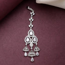 Rhodium Plated Silver Toned Dazzling White American Diamond Bridal Maang Tikka With Dangling Teardrop Stones