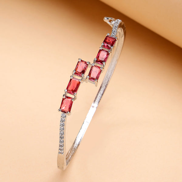 Rhodium Plated Silver Toned Red Baguette Cut American Diamond Studded Cuff Bracelet