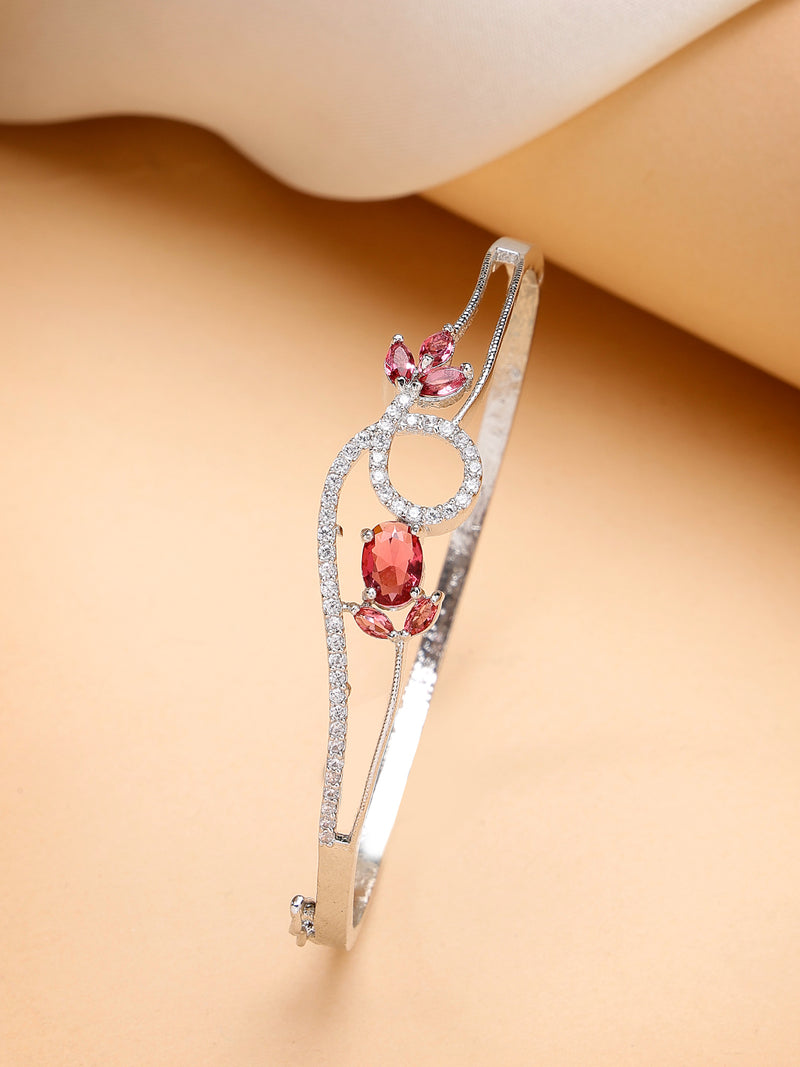Rhodium Plated Silver Toned Nature Inspired Red Oval American Diamond Studded Cuff Bracelet