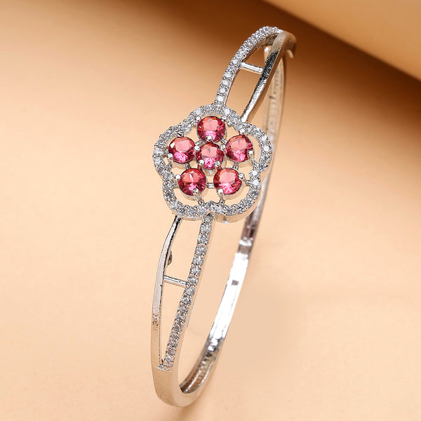 Rhodium Plated Silver Toned Floral Cluster Red American Diamond  Studded Cuff Bracelet