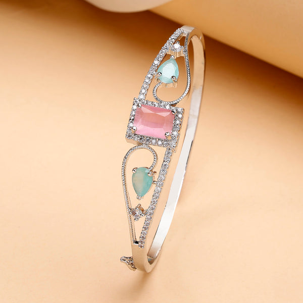 Rhodium Plated Silver Toned Pink Square & Mint Green Teardrop American Diamond Studded Cuff Bracelet