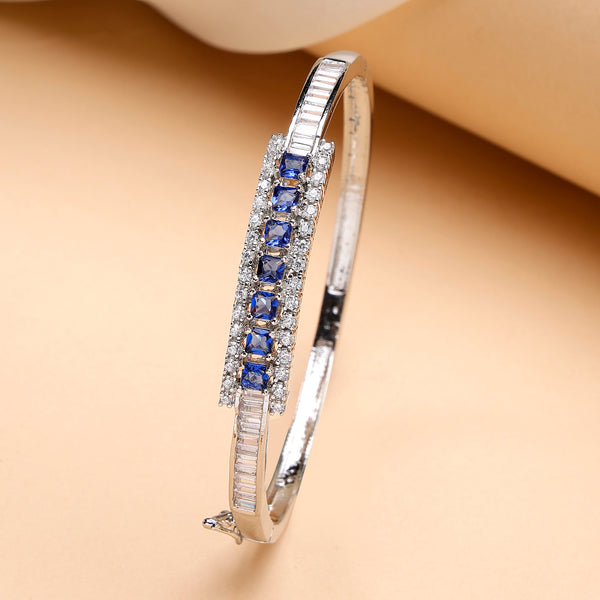 Rhodium Plated Silver Toned Minimal Round Blue American Diamond Studded Cuff Bracelet