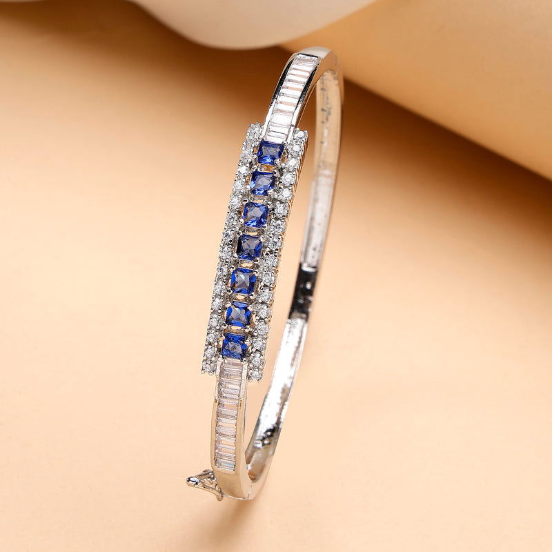 Rhodium Plated Silver Toned Minimal Round Blue American Diamond Studded Cuff Bracelet